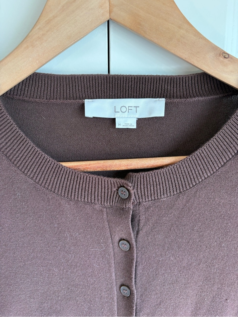 Loft Chocolate Brown Crewneck Cardigan Sweater Button Front 100% Cotton Medium - Picture 3 of 7